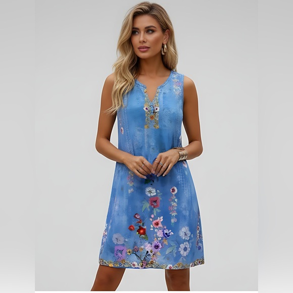 Blue Boho Floral Print Mini Dress - Picture 1 of 6